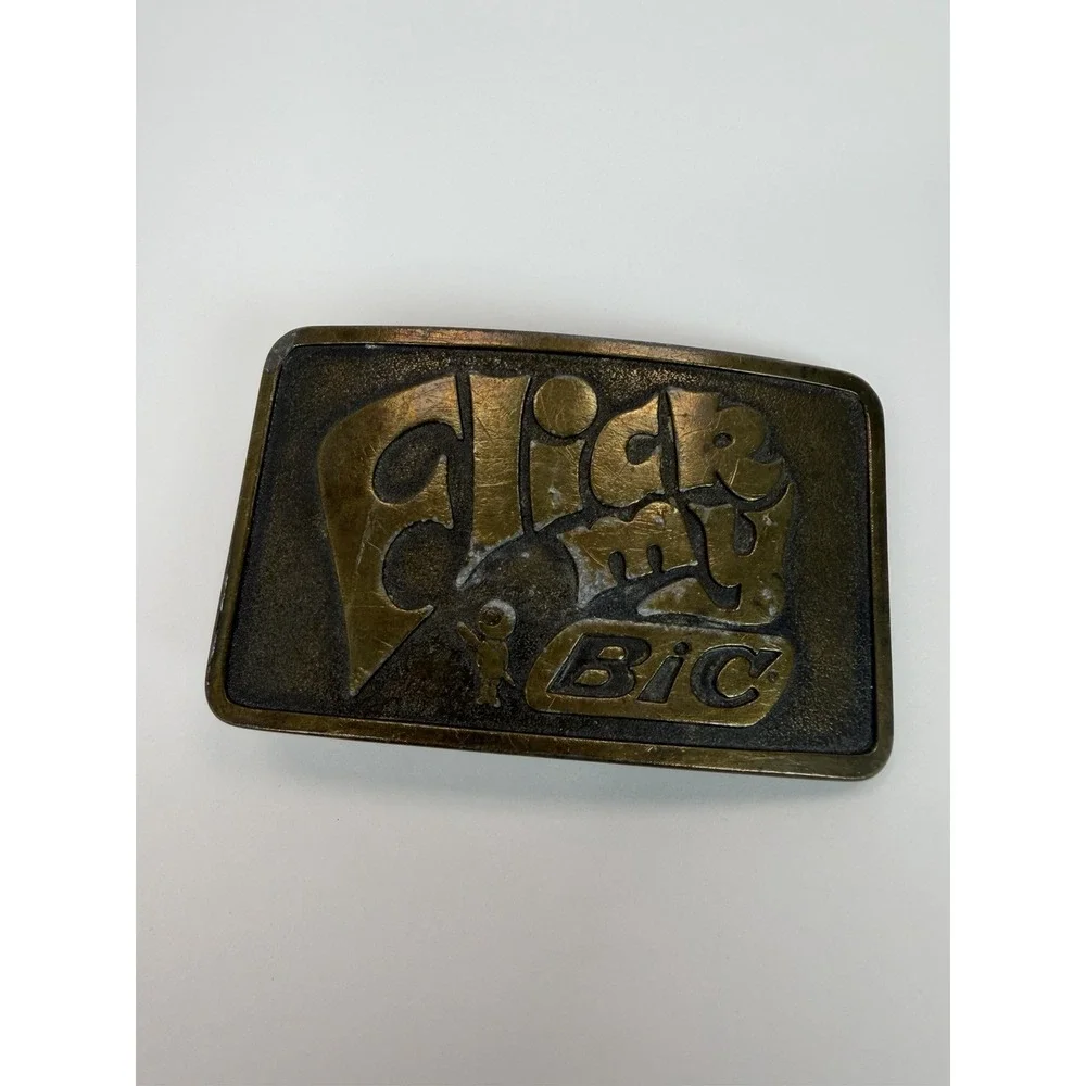 FLICK MY BIC Vintage Solid Brass Belt Buckle Advertising Made in USA 70's